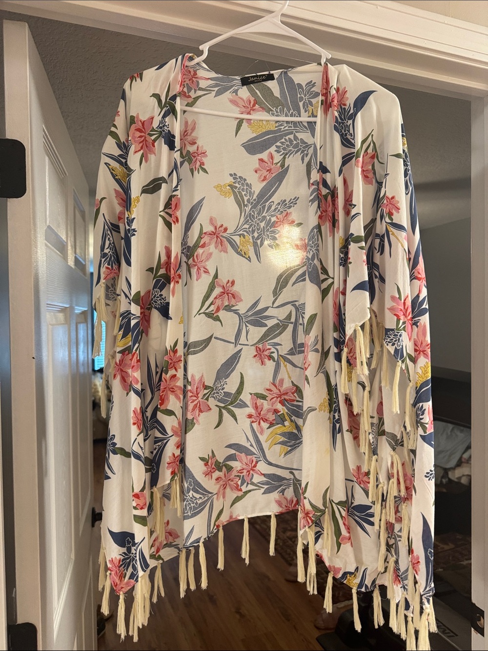 Jou Jou White Floral Fringe Kimono with Pink, Blue & Yellow Accents